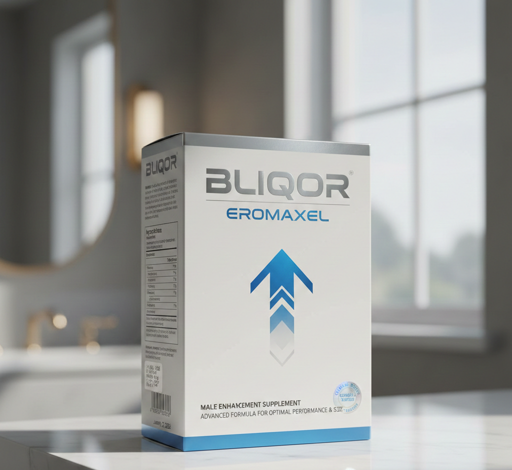 Elegáns fekete dobozban glendol Eromaxel természetes férfi vitális étrend-kiegészítő kapszulák, modern orvosi csomagolással és piros akcentusokkal, professzionális termékfotó fehér háttéren